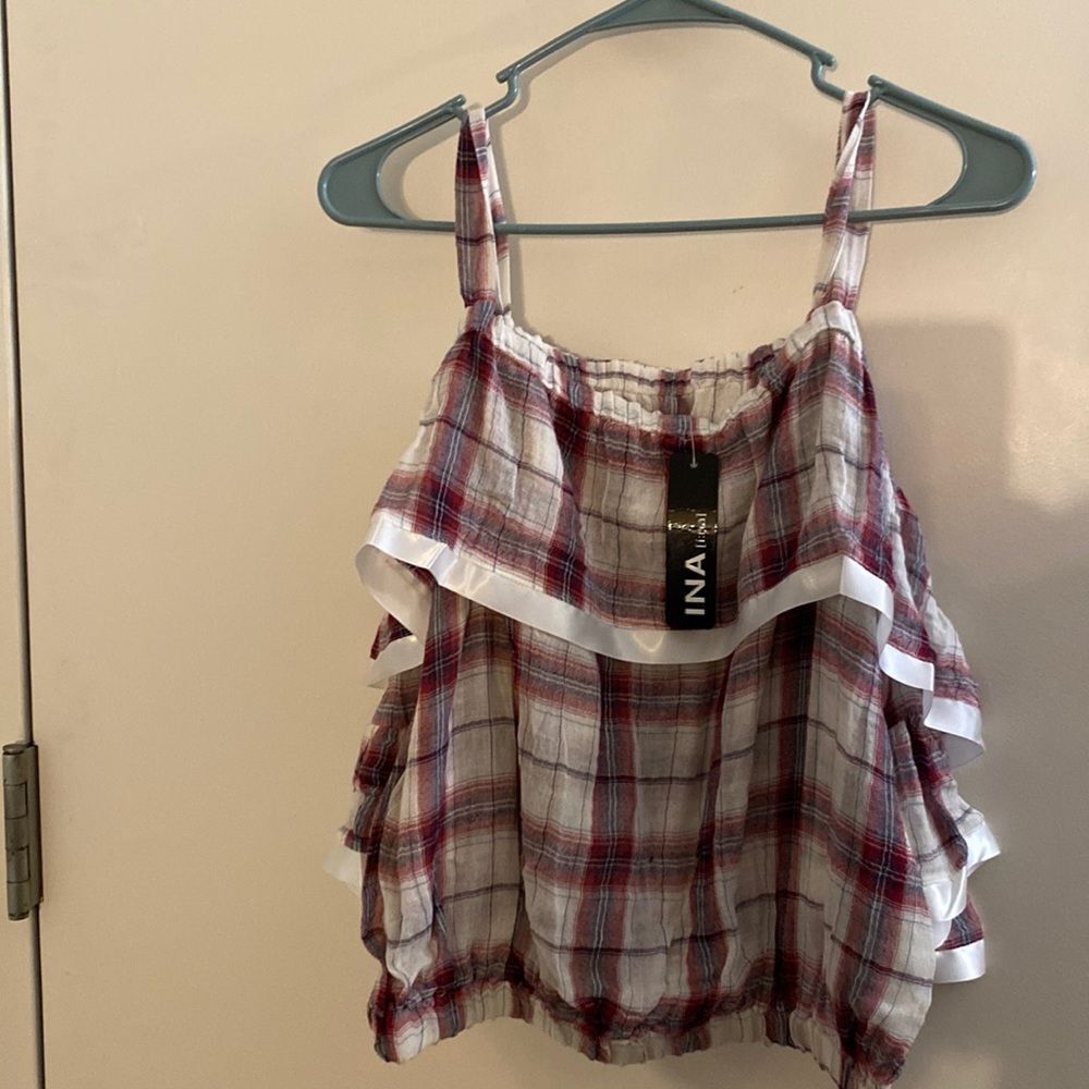 NWT Ina plaid, cold shoulder, bell sleeve crop top.